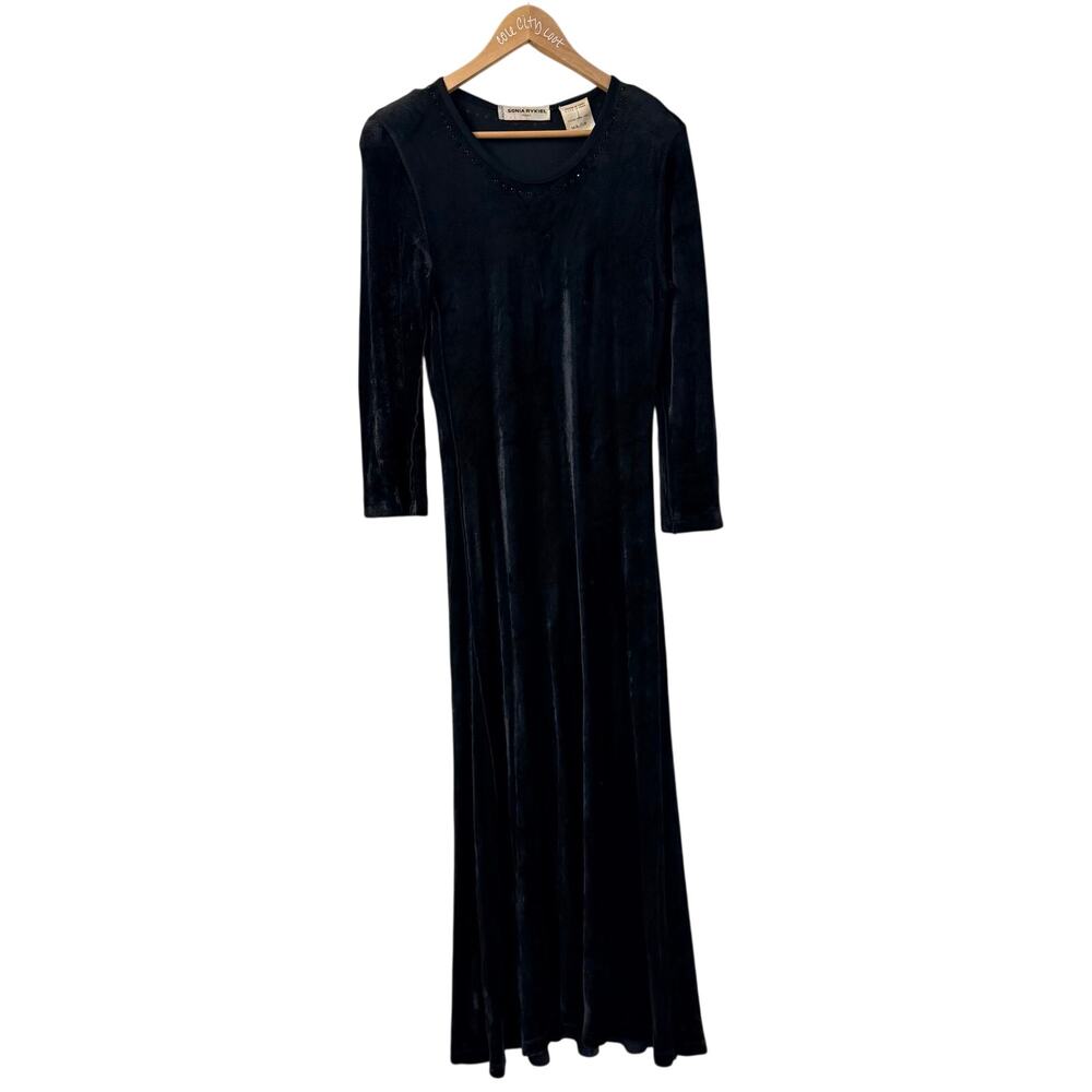 Sonia Rykiel Paris Black Velvet Dress Long Sleeve Full Length Rhinestone